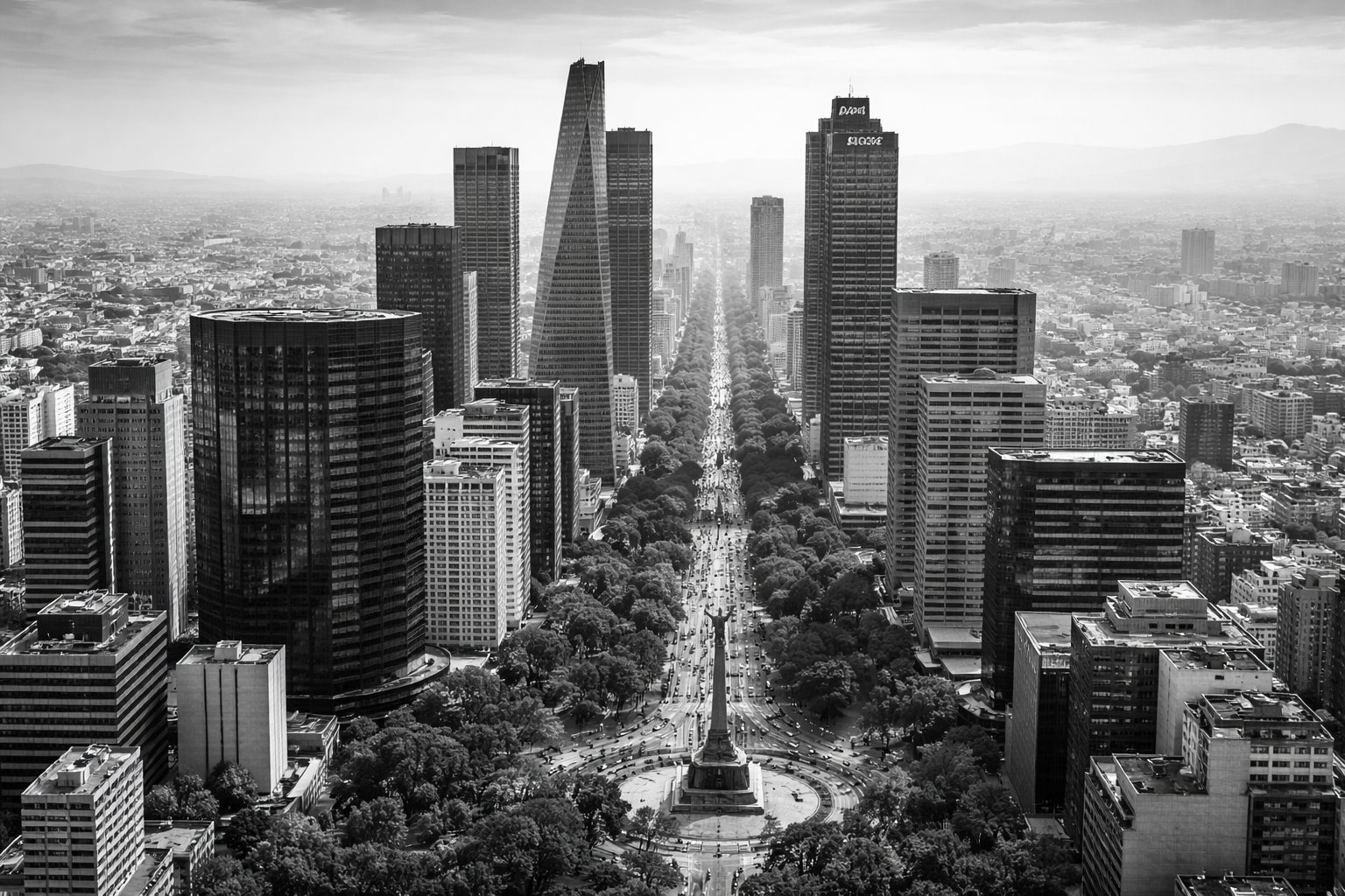 Aerial black and white view of San Franciscos downtown skyline with high-rise buildings and tree-lined Market Street stretching toward the distance