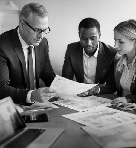 Three business professionals in suits reviewing documents and blueprints together at a table in a black and white photo